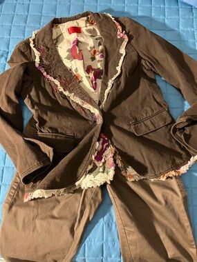 Women's Brown Embroidered Trim Blazer Jacket